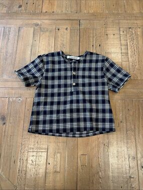 Harper James boutique navy and white plaid boxy short sleeve blouse 4 years